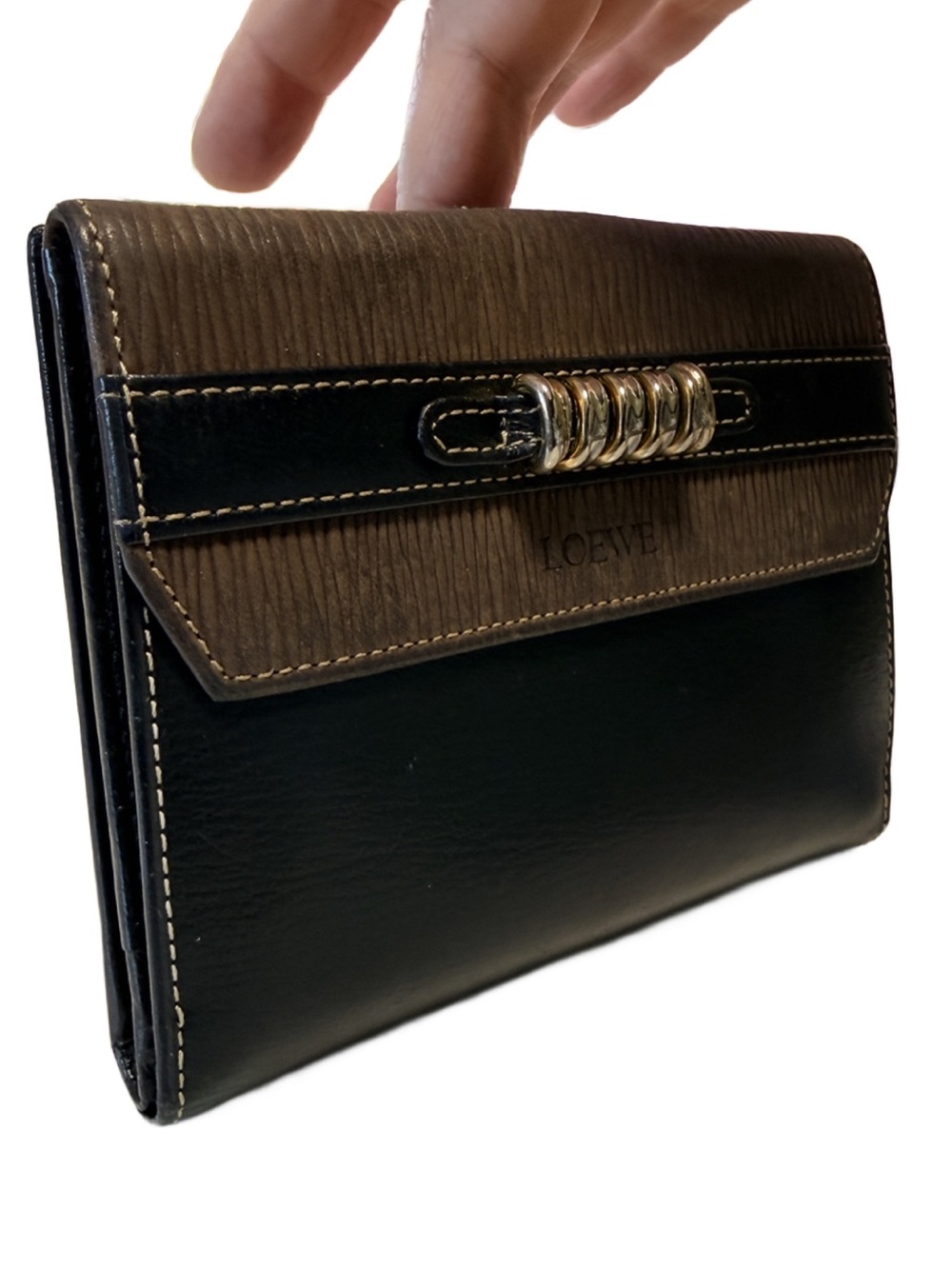 Loewe Velazquez Two-Tone Black and Brown Leather Wallet with Gold Accent